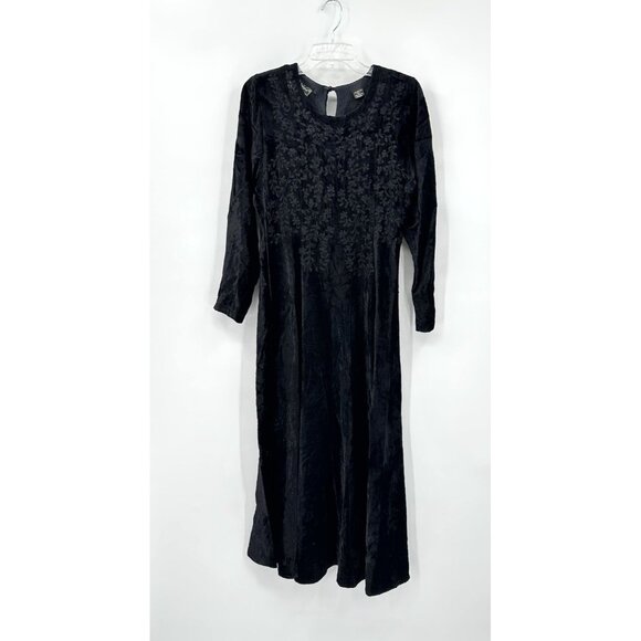 vintage 90s BLACK VELVET DRESS midi goth emo embroidered witchicore black S - Picture 2 of 8